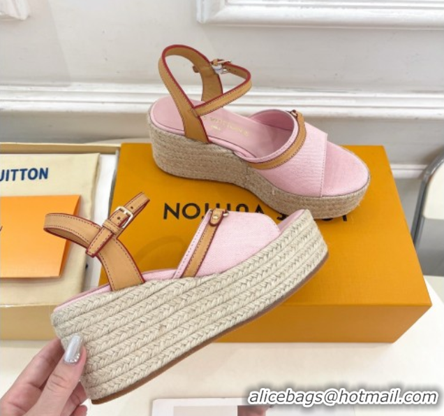 Pretty Style Louis Vuitton 6AM Wedge Platform Sandals 8cm in Monogram Denim Pink 0609029