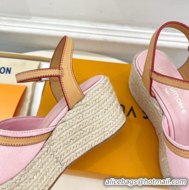 Pretty Style Louis Vuitton 6AM Wedge Platform Sandals 8cm in Monogram Denim Pink 0609029
