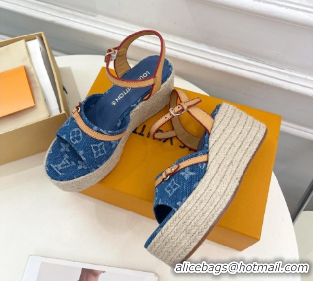 Low Cost Louis Vuitton 6AM Wedge Platform Sandals 8cm in Monogram Denim Blue 0609030