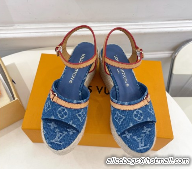 Low Cost Louis Vuitton 6AM Wedge Platform Sandals 8cm in Monogram Denim Blue 0609030