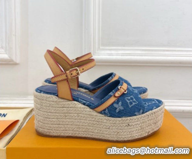 Low Cost Louis Vuitton 6AM Wedge Platform Sandals 8cm in Monogram Denim Blue 0609030