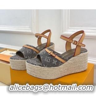 Good Quality Louis Vuitton 6AM Wedge Platform Sandals 8cm in Monogram Denim Grey 0609031