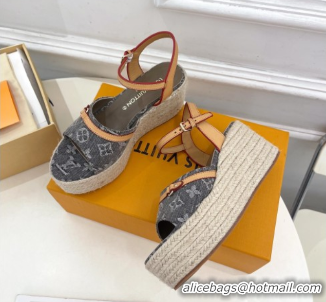 Good Quality Louis Vuitton 6AM Wedge Platform Sandals 8cm in Monogram Denim Grey 0609031