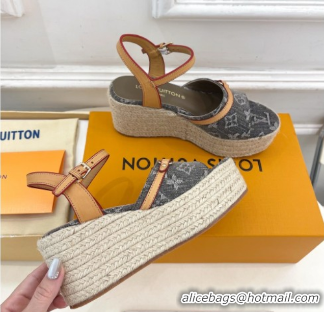 Good Quality Louis Vuitton 6AM Wedge Platform Sandals 8cm in Monogram Denim Grey 0609031