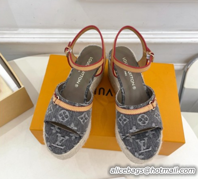 Good Quality Louis Vuitton 6AM Wedge Platform Sandals 8cm in Monogram Denim Grey 0609031