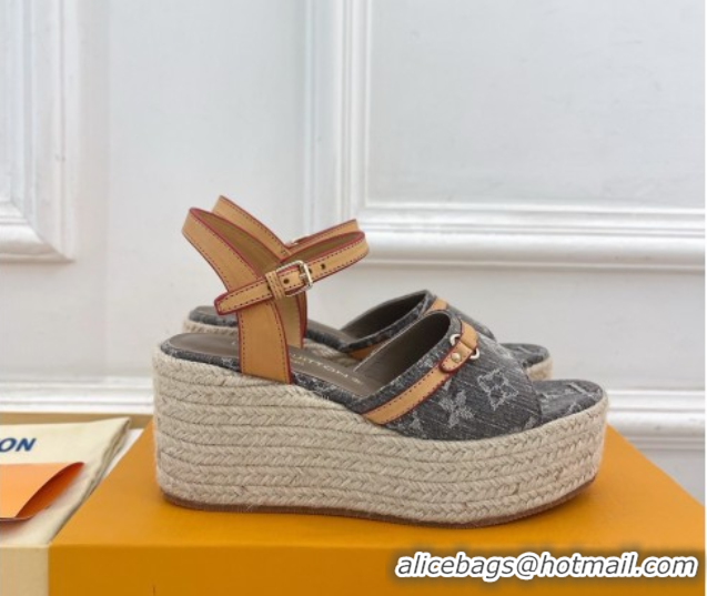 Good Quality Louis Vuitton 6AM Wedge Platform Sandals 8cm in Monogram Denim Grey 0609031