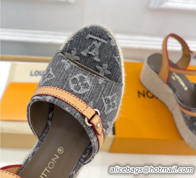 Good Quality Louis Vuitton 6AM Wedge Platform Sandals 8cm in Monogram Denim Grey 0609031