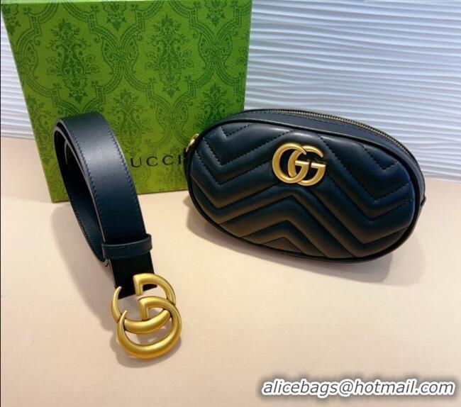 Best Quality Gucci GG Marmont Chevron Leather Pouch Belt with GG Buckle 0708 Black 2024