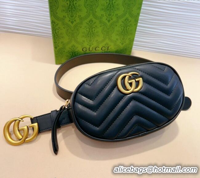 Best Quality Gucci GG Marmont Chevron Leather Pouch Belt with GG Buckle 0708 Black 2024