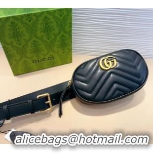 Original Cheap Gucci GG Marmont Chevron Leather Pouch Belt with Pin Buckle 0708 Black 2024