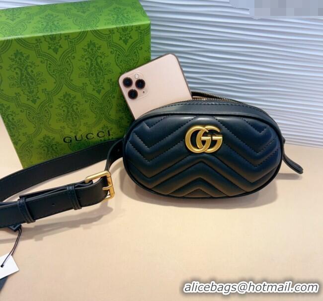 Original Cheap Gucci GG Marmont Chevron Leather Pouch Belt with Pin Buckle 0708 Black 2024