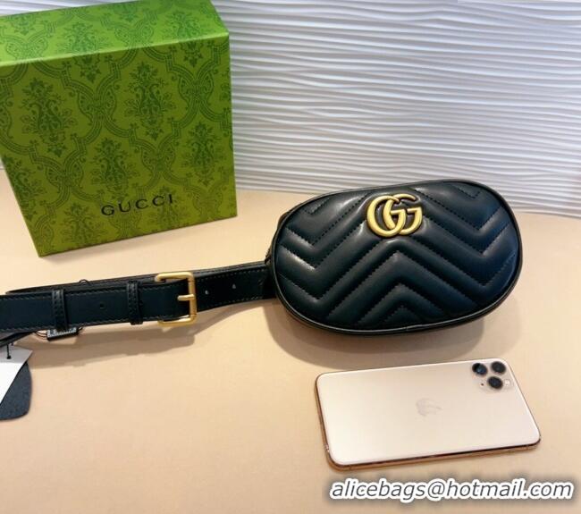 Original Cheap Gucci GG Marmont Chevron Leather Pouch Belt with Pin Buckle 0708 Black 2024