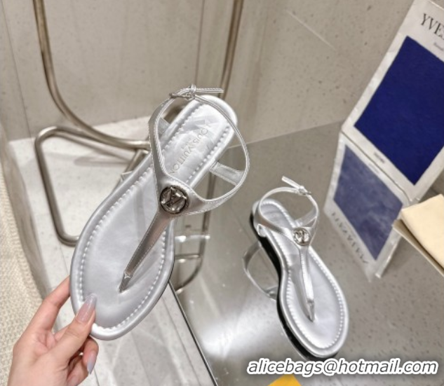 Top Design Louis Vuitton Sunkiss Flat Thong Sandals in Silver Leather 2025 1AHKU7 0609037