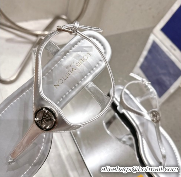 Top Design Louis Vuitton Sunkiss Flat Thong Sandals in Silver Leather 2025 1AHKU7 0609037