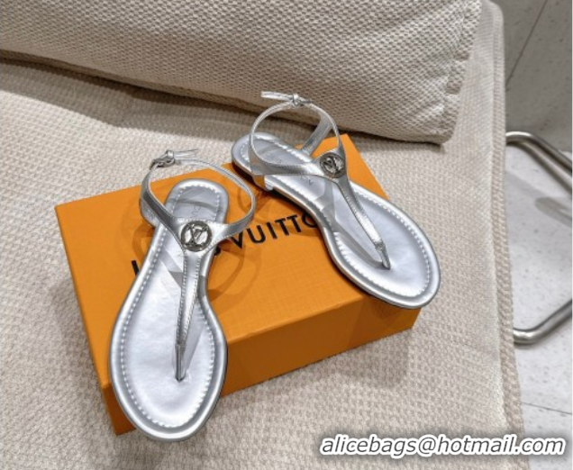 Top Design Louis Vuitton Sunkiss Flat Thong Sandals in Silver Leather 2025 1AHKU7 0609037