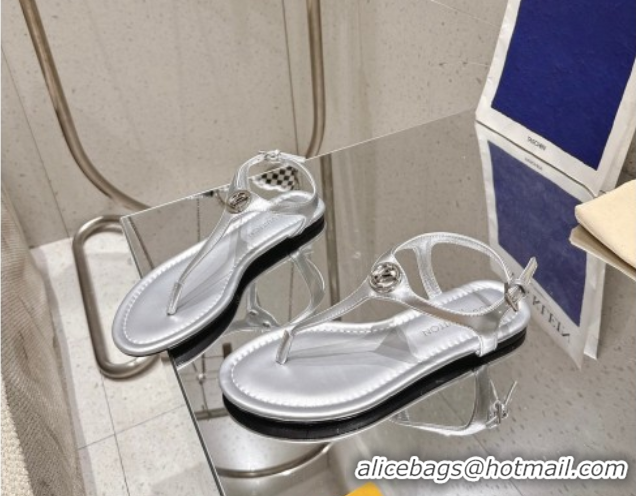 Top Design Louis Vuitton Sunkiss Flat Thong Sandals in Silver Leather 2025 1AHKU7 0609037