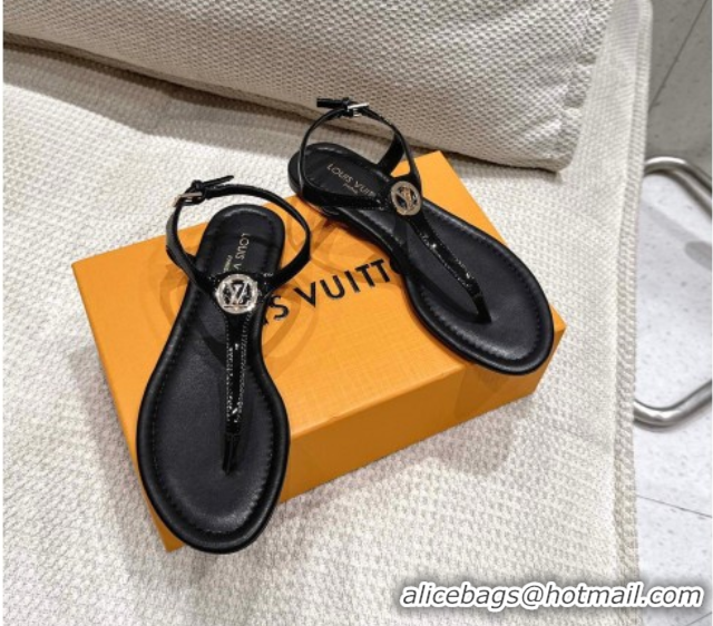 Cheap Price Louis Vuitton Sunkiss Flat Thong Sandals Patent Leather Black 0609039