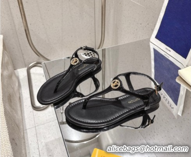 Cheap Price Louis Vuitton Sunkiss Flat Thong Sandals Patent Leather Black 0609039
