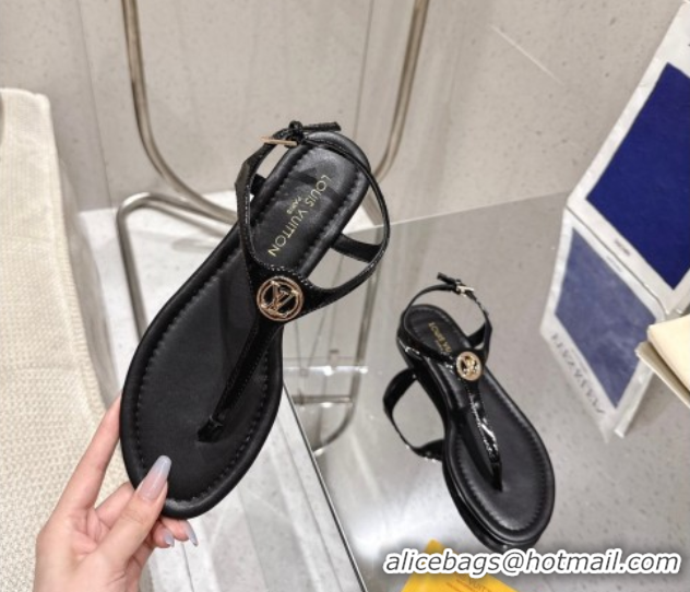 Cheap Price Louis Vuitton Sunkiss Flat Thong Sandals Patent Leather Black 0609039