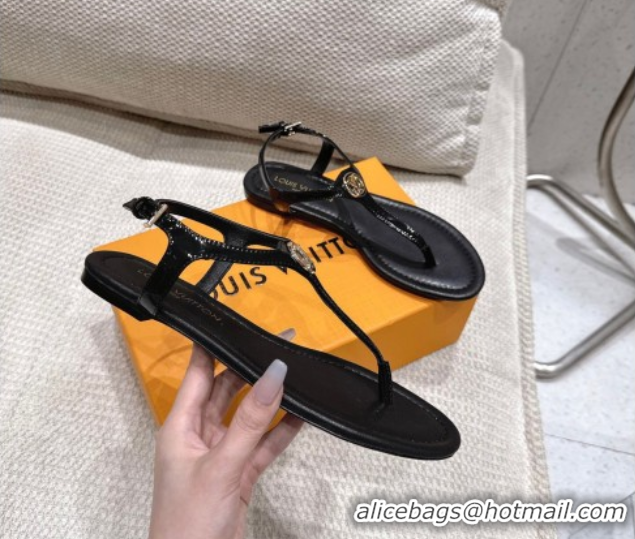 Cheap Price Louis Vuitton Sunkiss Flat Thong Sandals Patent Leather Black 0609039