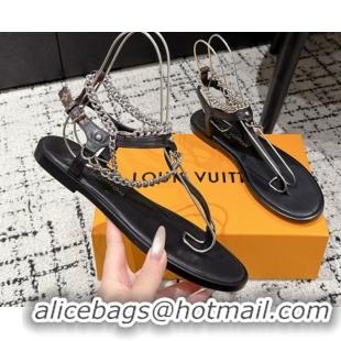 Buy Cheapest Louis Vuitton LV Vibe Flat Thong Sandals in Leather and Chain Black 0609042