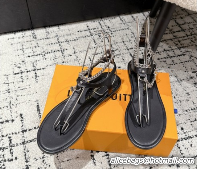 Buy Cheapest Louis Vuitton LV Vibe Flat Thong Sandals in Leather and Chain Black 0609042