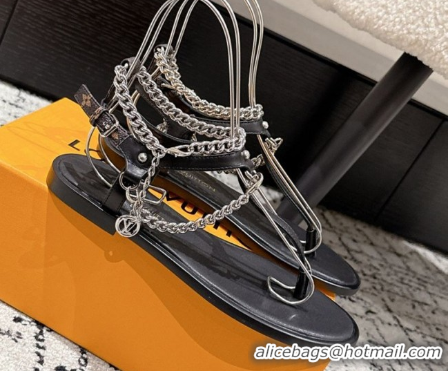 Buy Cheapest Louis Vuitton LV Vibe Flat Thong Sandals in Leather and Chain Black 0609042