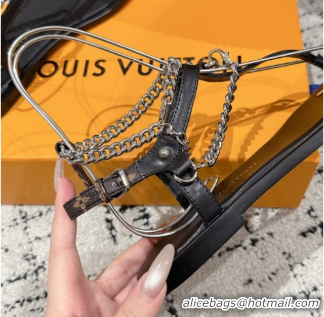 Buy Cheapest Louis Vuitton LV Vibe Flat Thong Sandals in Leather and Chain Black 0609042
