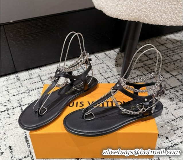 Buy Cheapest Louis Vuitton LV Vibe Flat Thong Sandals in Leather and Chain Black 0609042