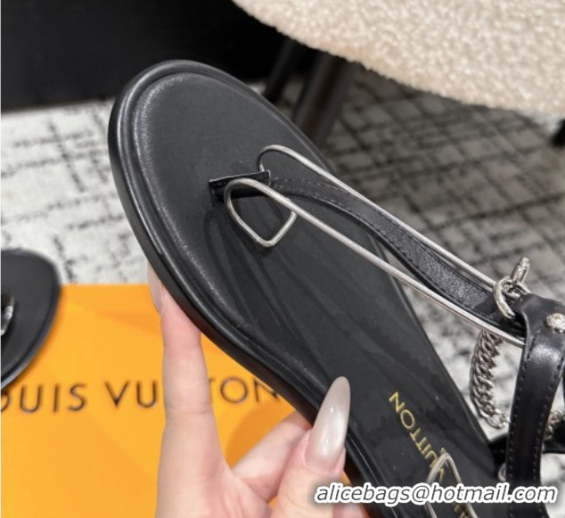 Buy Cheapest Louis Vuitton LV Vibe Flat Thong Sandals in Leather and Chain Black 0609042