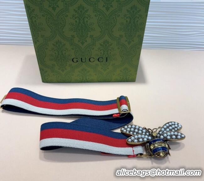 Market Sells Gucci Web Belt with Bee Buckle 0708 White/Red/Blue 2024