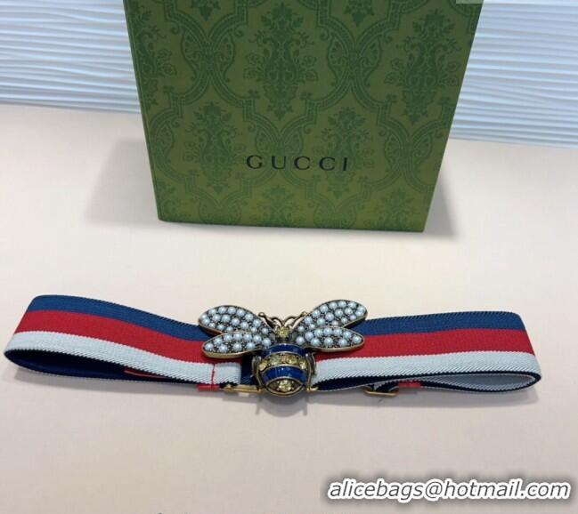 Market Sells Gucci Web Belt with Bee Buckle 0708 White/Red/Blue 2024