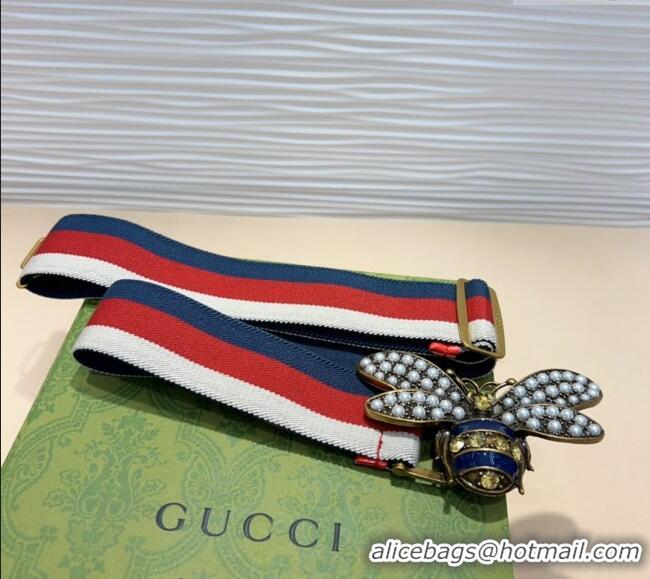 Market Sells Gucci Web Belt with Bee Buckle 0708 White/Red/Blue 2024