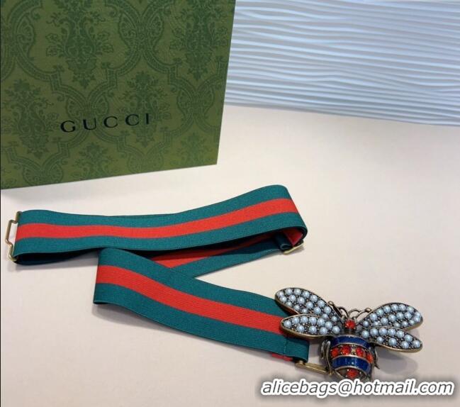 Newly Launched Gucci Web Belt with Bee Buckle 0708 Green/Red 2024