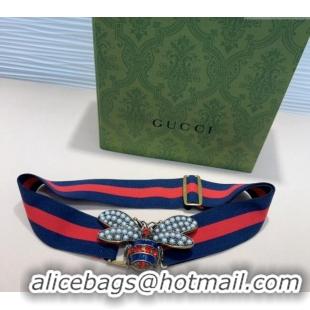 Market Sells Gucci Web Belt with Bee Buckle 0708 Navy Blue/Red 2024