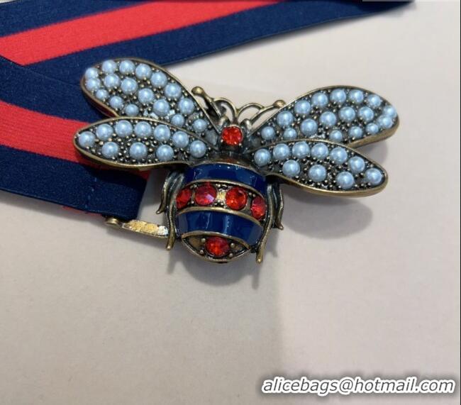 Market Sells Gucci Web Belt with Bee Buckle 0708 Navy Blue/Red 2024
