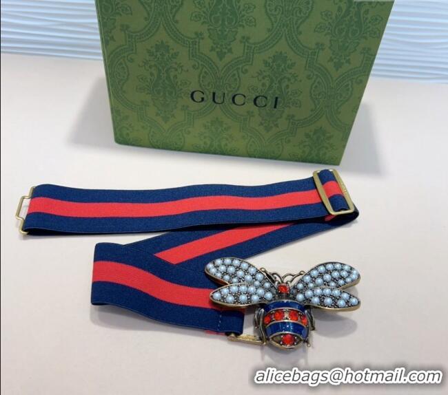 Market Sells Gucci Web Belt with Bee Buckle 0708 Navy Blue/Red 2024