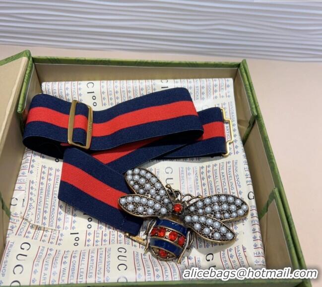 Market Sells Gucci Web Belt with Bee Buckle 0708 Navy Blue/Red 2024