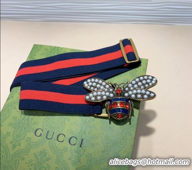 Market Sells Gucci Web Belt with Bee Buckle 0708 Navy Blue/Red 2024