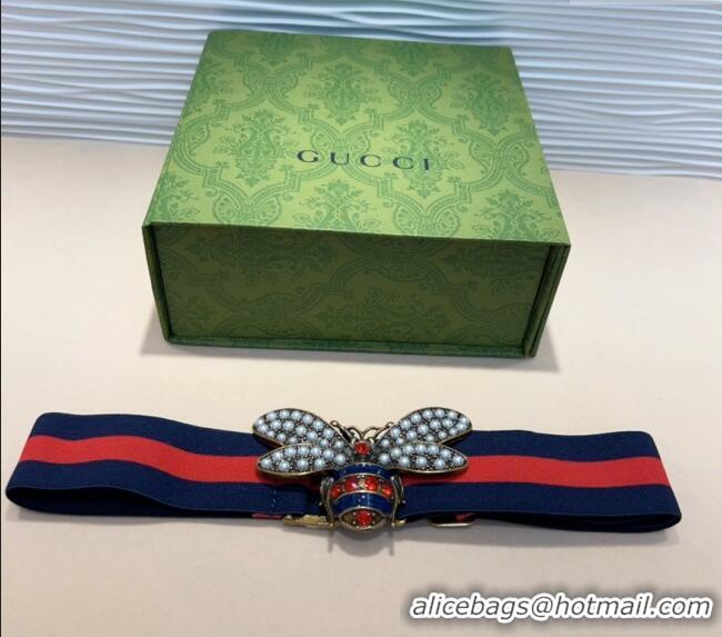 Market Sells Gucci Web Belt with Bee Buckle 0708 Navy Blue/Red 2024