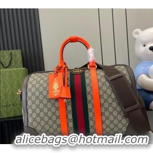Grade Cheap Gucci Savoy GG Canvas Small Duffle Travel Bag with Fluorescent Orange Trim 724642 2024