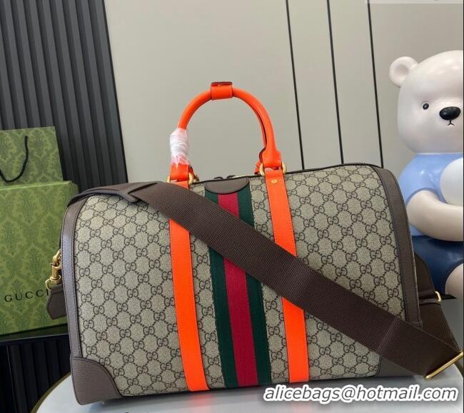 Grade Cheap Gucci Savoy GG Canvas Small Duffle Travel Bag with Fluorescent Orange Trim 724642 2024