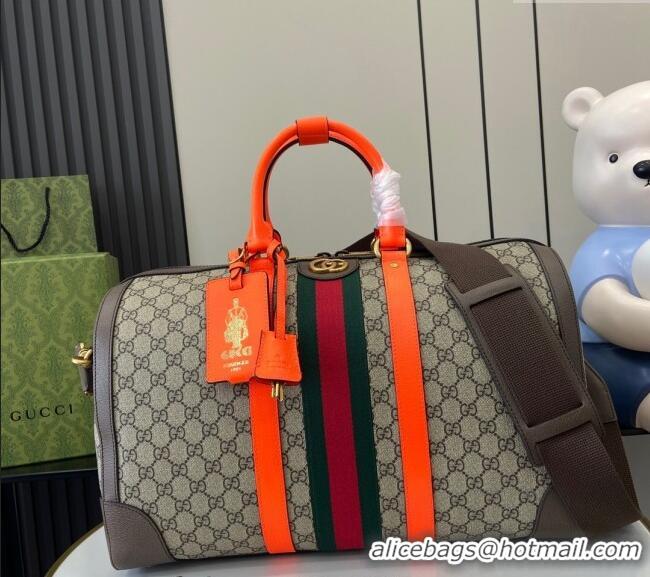 Grade Cheap Gucci Savoy GG Canvas Small Duffle Travel Bag with Fluorescent Orange Trim 724642 2024