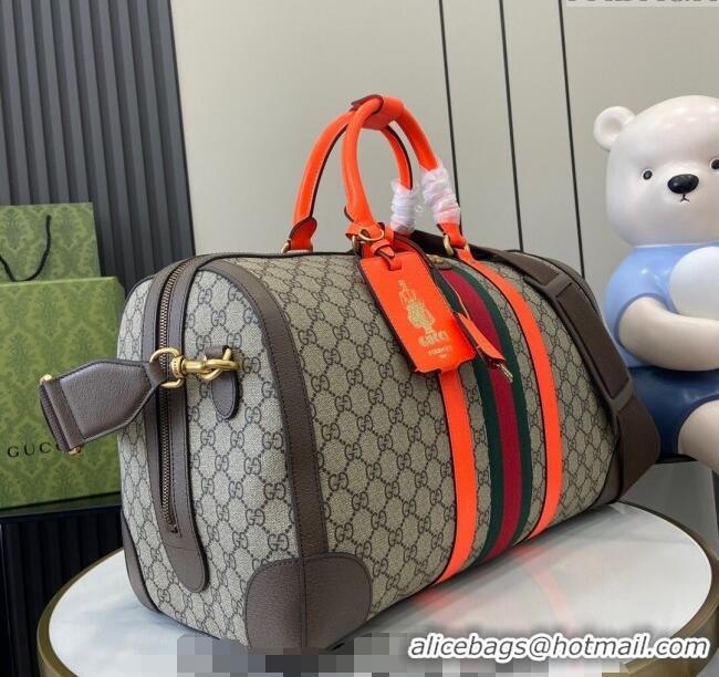 Grade Cheap Gucci Savoy GG Canvas Small Duffle Travel Bag with Fluorescent Orange Trim 724642 2024