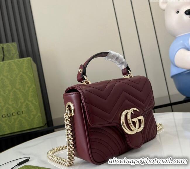 Top Grade Gucci GG Marmont Leather Mini Top Handle Bag 811238 Dark Burgundy 2024