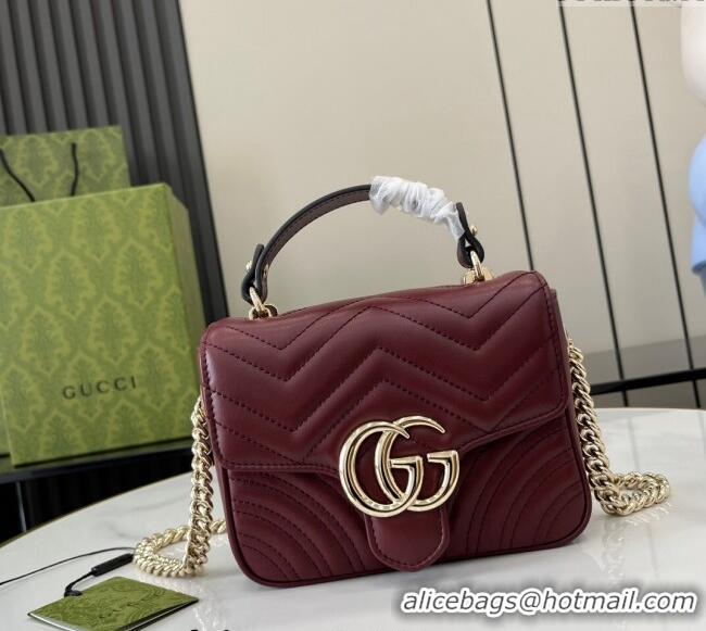 Top Grade Gucci GG Marmont Leather Mini Top Handle Bag 811238 Dark Burgundy 2024