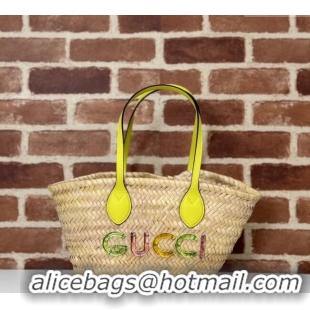 Grade Design Gucci Mini Straw Tote Bag with Gucci Logo 782381 Yellow 2024