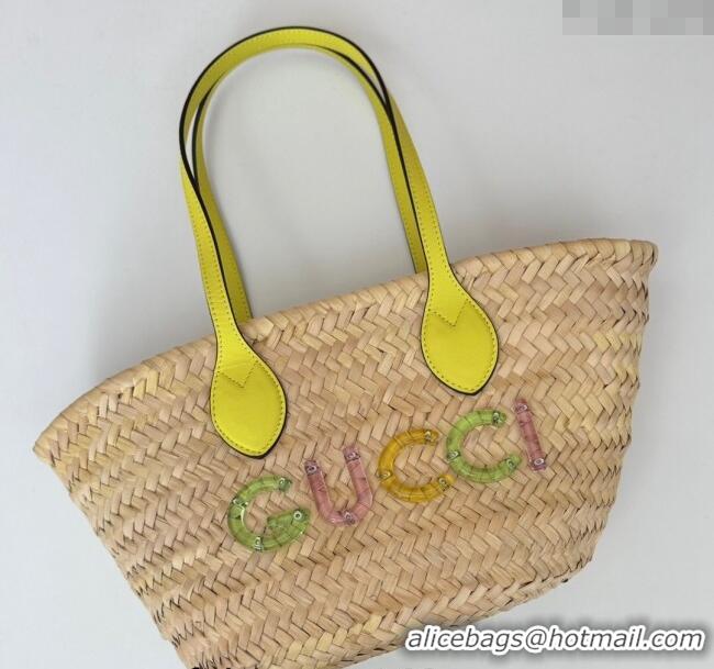 Grade Design Gucci Mini Straw Tote Bag with Gucci Logo 782381 Yellow 2024