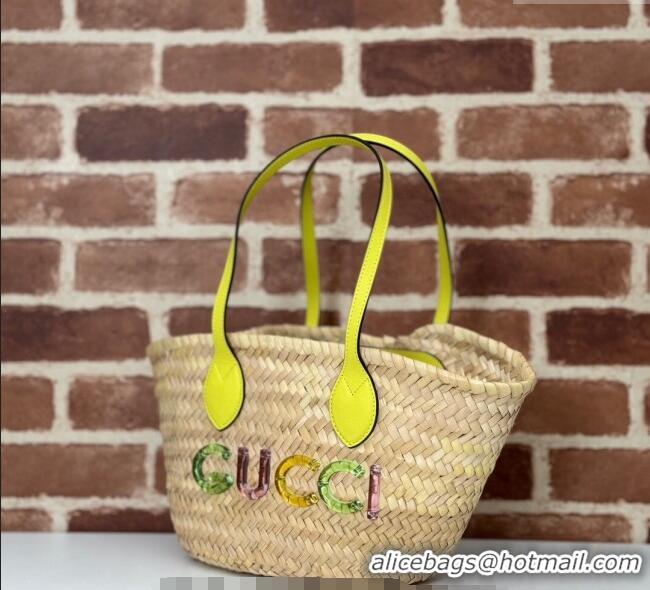 Grade Design Gucci Mini Straw Tote Bag with Gucci Logo 782381 Yellow 2024