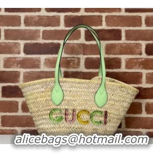 Super Quality Gucci Mini Straw Tote Bag with Gucci Logo 782381 Green 2024